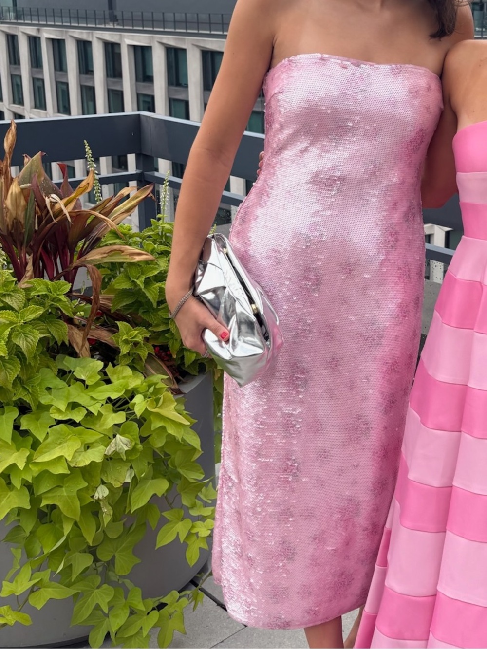 LoveShackFancy Pink Sequin Strapless Midi Dress